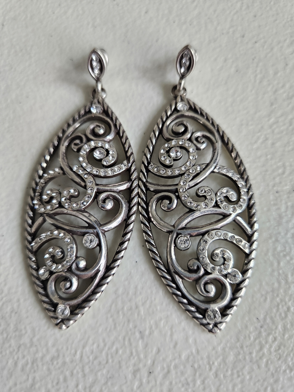 Brighton .Silver Filigree Drop Earrings with Clear Crystals - Women's Jewelry